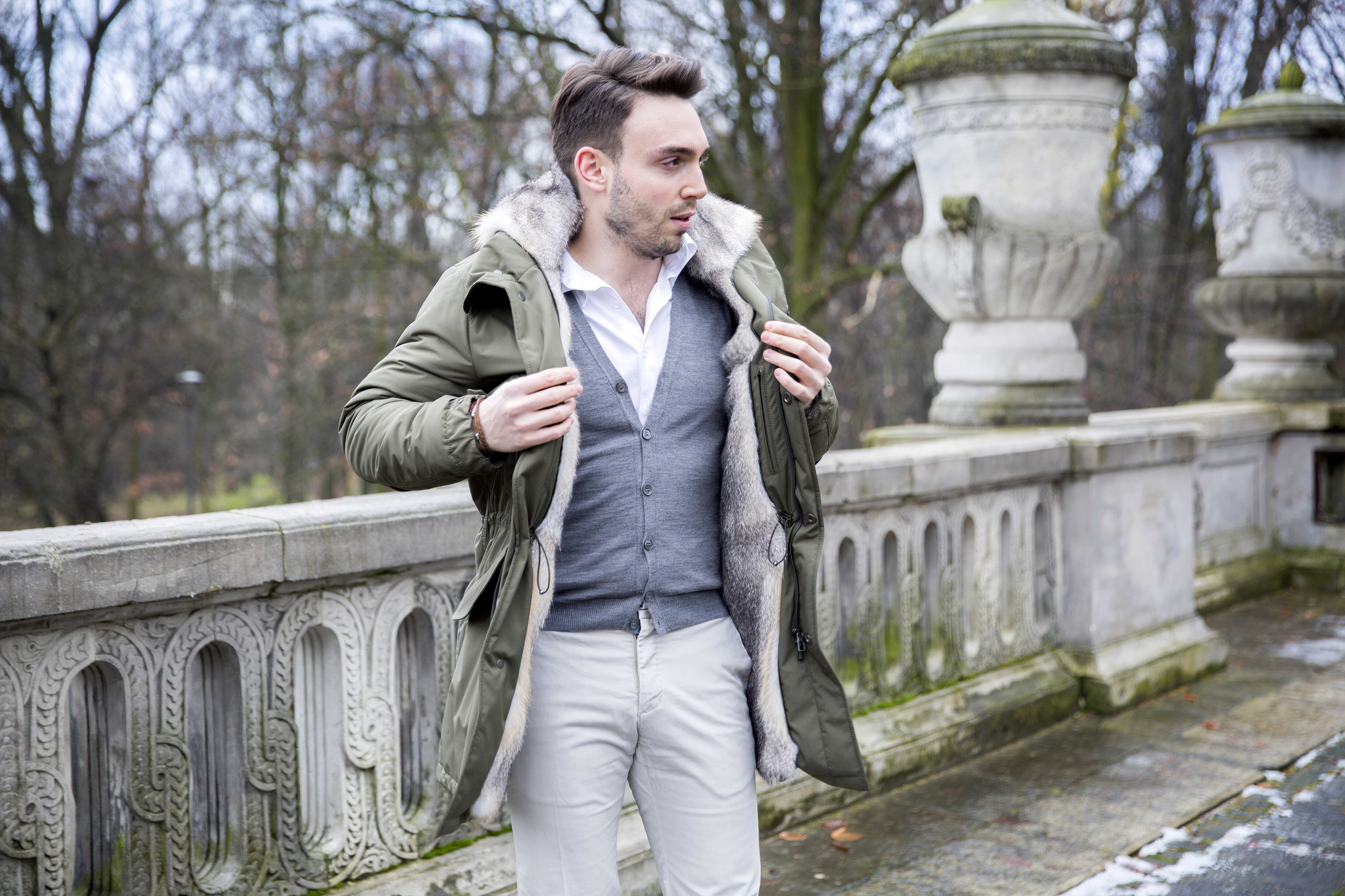 Loro Piana Parka, Zanone Incotex Cardigan, Sutor Mantelassi white sneakers